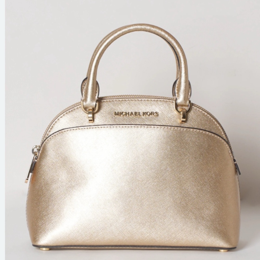 Michael Kors Emmy Gold Satchel with Dome Shape and Structured Design